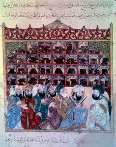 Der vagabundierende Navigator Abu-Zayd hält eine Rede in der Bibliothek von Basra. Miniatur aus den Maqamat (Seances) von Abu Mohammed al-Kasim ibn Ali Hariri (1054-1122) illuminiert von Yahya Mahmud al-Wasiti von Yahya ibn Mahmud Al Wasiti