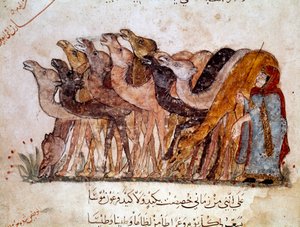Eine Gruppe von Kamelen und ein Kamel, Karawane in der Wüste. Seite aus „Maqamat“ (Seancen), Schelmenpoem des 11. Jahrhunderts von dem arabischen Dichter Abu Mohammed al-Kasim ibn Ali Hariri (oder Al-Hariri) (1054-1122) illustriert von Al-Wasiti von Yahya ibn Mahmud Al Wasiti