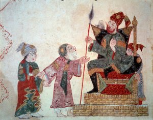 Der vagabundierende Navigator Abu-Zayd und sein Sohn vor dem Gouverneur. Miniatur aus den Maqamat (Seances) von Abu Mohammed al-Kasim ibn Ali Hariri (1054-1122) illuminiert von Yahya Mahmud al-Wasiti
