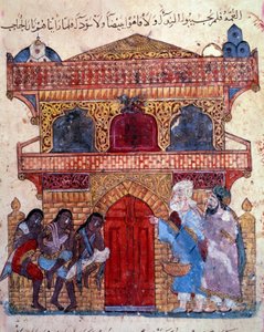 Der Bürger al-Harith, Sohn von Hammam, und der wandernde Navigator Abu-Zayd vor dem Palast des Königs. Miniatur aus den „Maqamat“ (Sitzungen) von Abu Mohammed al-Kasim ibn Ali Hariri (oder Al-Hariri) (1054-1122)