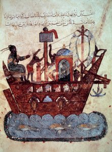 Der Bürger al-Harith, Sohn von Hammam, und der wandernde Navigator Abu-Zayd auf einem Miniaturboot aus den „Maqamat“ (Seancen) von Abu Mohammed al-Kasim ibn Ali Hariri, illuminiert von Yahya Mahmud al-Wasiti