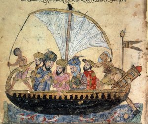der Bürger al-Harith (Al Harith), Sohn von Hammam, und der wandernde Navigator Abu-Zayd (Abu Zayd) auf einem Boot, das auf dem Euphrat segelt Miniatur aus den „Maqamat“ (Seancen) von Abu Mohammed al-Kasim ibn Ali Hariri (oder Al-Hariri oder Al Hariri) (105