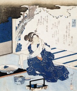Kurtisane im Yukata (blau-weißes Baumwoll-Kimono), Wandpaneel mit Gedicht dekoriert von Yanagawa II Shigenobu