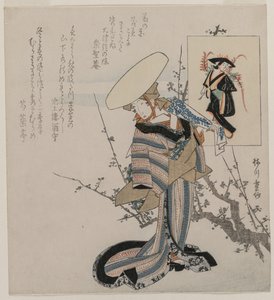 Frau bei einem Pflaumenbaum, verglichen mit der Glyzinien-Maid (aus einer Serie von Frauen, die mit Figuren aus Otsu-Gemälden verglichen werden)