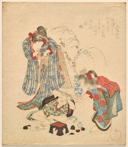 Zwei Mädchen mit ihrem kleinen Bruder, der das Sake-Set umgestoßen hat von Yanagawa Shigenobu II