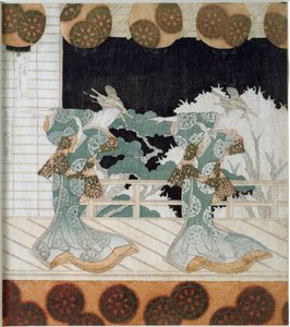 Tänzer in traditioneller Tracht auf einer Bühne Japanischer Druck „Surimono“ von Yashima Gakutei (1786-1868) 1822 Private Sammlung