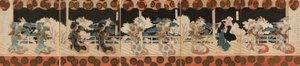 Tanzende Kurtisanen, Drei, aus der Pentaptychon-Serie "Furuichi-Tanzaufführung (Furuichi odori)" für den Hisakataya-Poesieclub von Yashima Gakutei