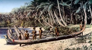 Einheimisches Kanu an einem palmengesäumten Strand, Salomonen, ca. 1923