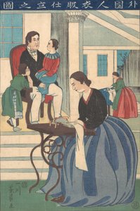 Ausländische Familie mit Frau, die Kleidung macht, 1860