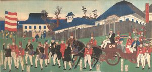 Bild einer Prozession von Ausländern in Yokohama, 2. Monat, 1861 von Yoshikazu