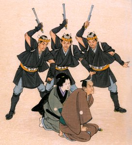 Traditionelles japanisches Theater: drei bewaffnete Männer bedrohen einen männlichen und einen weiblichen Charakter