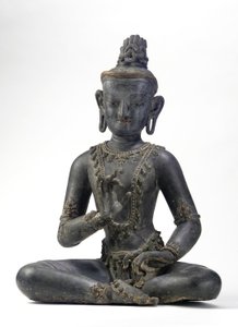 Nepalesisch-chinesischer Bodhisattva (Lack, Stoff, Spuren von Blau, Gold und grüner Farbe & Blattgold)