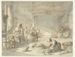 Innenraum eines Hauses mit Frauen und Kindern