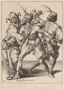 Drei tanzende Mummern, darunter ein Narr
