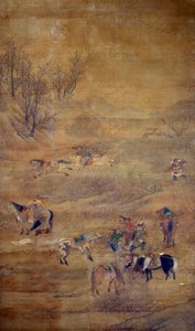 Mongolischer Reiter, der ein Pferd jagt. Seidengemälde von Fou Tchao Mong