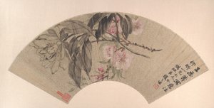 Pfirsichblüten und Pfingstrose, ca. 1860 von Zhao Zhiqian