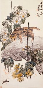 Katze, Vogel und Chrysanthemen von Zhen Wang