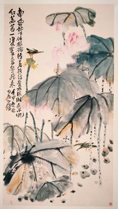 Lotus und grüne Vögel von Zhen Wang