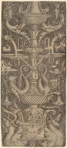 Ornamenttafel mit Drachen, Masken und Kriegsinstrumenten