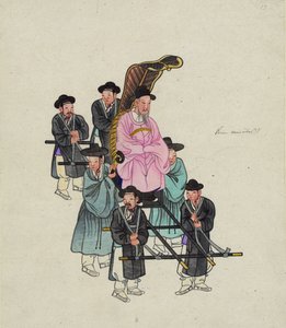 Ein hoher koreanischer Beamter, möglicherweise der Premierminister, wird in einem aufwendigen Sänftensessel getragen, ca. 1890
