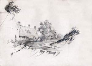 Ein strohgedecktes Bauernhaus in Zentralfrankreich. ca. 1850 von . .