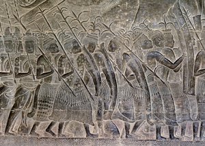 Angkor Wat, Angkor, Kambodscha, frühes 12. Jahrhundert mit späteren Ergänzungen. Dieses Detail der Reliefs in der Galerie zeigt das thailändische Volk als Verbündete der Khmer-Armee von Hippolyte Lalaise Devéria