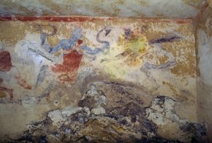 Blauer Dämon mit Schlangen, Fresko, Grab der Blauen Dämonen, Nekropole von Tarquinia (UNESCO-Welterbeliste, 2004), Latium, Italien, etruskische Zivilisation, 5. Jahrhundert v. Chr.