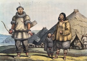Tschuktschenfamilie vor einer Hütte, Beringstraße, Russland, von Louis Choris (1795-1828)