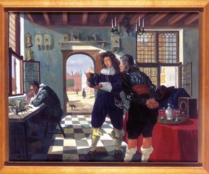 Uhrenmacher Christiaan Huygens in der Uhrmacherwerkstatt von Salomon Coster von Frederick (attr. to) Barnard