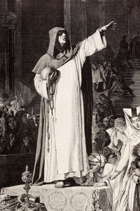 Girolamo Savonarola (1452 – 1498), italienischer Dominikanermönch, der gegen Unmoral und Luxus predigte, die zur Sünde verleiten könnten, nach einem Werk von De Langemantels, aus 
