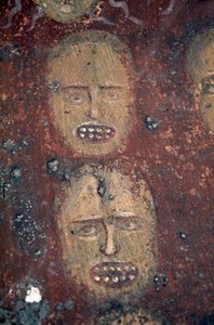 Köpfe der Verdammten, Fresko des Jüngsten Gerichts in der byzantinischen Kirche Odigitria, Mani-Halbinsel, Peloponnes, Griechenland