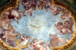 Heiliger Geist und Engel. Fresko. Basilika Santa Maria delle Vigne. Genua. Italien. von . .