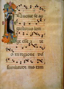 Illuminierte Initiale mit der Figur des Heiligen Augustinus (Corale 19, c. 149), Werk von Silvestro dei Gherarducci für Chorbuch 19 von Santa Maria degli Angeli, aufbewahrt in der Biblioteca Medice-Laurenziana in Florenz