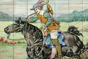 Innenansicht, Fliesenpanel, Maler Furcy Ernest Tondeur, Ausführung Boch Frères La Louvière, zweites Panel zeigt Jagdszene mit galoppierendem Reiter mit Jagdhorn von . .