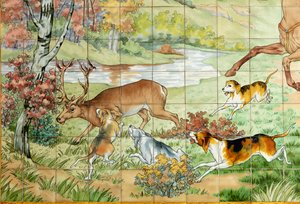 Innenansicht, Fliesenpanel, Maler Furcy Ernest Tondeur, Ausführung Boch Frères La Louvière, erstes Panel, Jagdszene mit drei Reitern, (Detail)