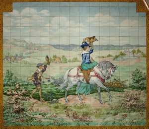 Innenansicht, Fliesenpaneel, Maler Furcy Ernest Tondeur, Ausführer Boch Frères La Louvière, zweites Paneel, Jagdszene mit einem Edelmann und einer Edelfrau mit Falken von . .