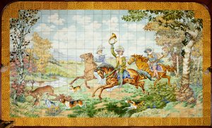 Innenansicht, Fliesenpaneel, Maler Furcy Ernest Tondeur, Ausführung Boch Frères La Louvière, erstes Paneel, Jagdszene mit drei Reitern von . .