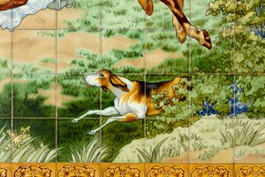 Innenansicht, Fliesenpaneel, Maler Furcy Ernest Tondeur, Ausführung Boch Frères La Louvière, erstes Paneel, Jagdszene mit drei Reitern (Detail)