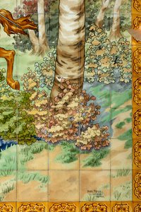 Innenansicht, Fliesenpaneel, erstes Paneel, Jagdszene mit drei Reitern (Detail unten rechts, mit Signatur)
