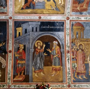 Jesus spricht zu Pontius Pilatus, freskierte Gewölbe mit Szenen aus dem Leben Jesu, Mikro Sotiris Kloster, Insel Symi, Griechenland