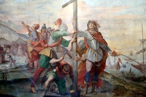 Landung von Christoph Kolumbus. Fresko. Palazzo Fieschi-Crosa Di Vergagni. Genua. Italien von . .