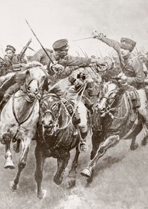 Reiterkampf zwischen russischen Kosaken und deutscher Kavallerie, bekannt als die Husaren des Todes in Schwansfeld, zwischen Korschen und Bartenstein, Ostpreußen, August 1914 während des Ersten Weltkriegs, aus La Esfera