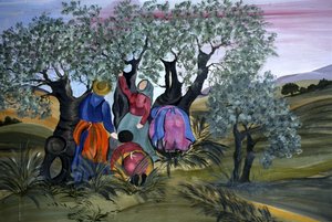 Olivenpflücken, naiv von Barbara Mencarelli, Mandoleto, Solomeo, Umbrien, Italien