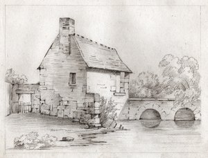 Bauernhaus am Flussufer. circa 1830 (Illustration)