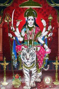 Bild der Hindu-Göttin Durga auf einem Tiger