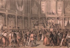 Plebiszit zur Annexion an Italien, Saal der Universität von Neapel, Kampanien, italienisches Risorgimento, Lithographie von Carlo Perrin nach einer Zeichnung von Carlo Bossoli (1815-1884), 22x15 cm