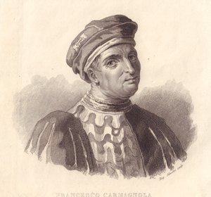 Porträt des italienischen Militärführers Francesco da Bussone, auch bekannt als Carmagnola (1380-1432), Kupferstich von E. Silvestri nach einem Gemälde von William Walcutt