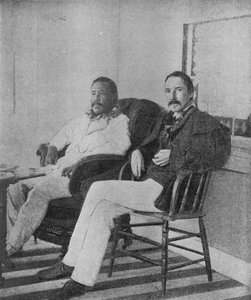 Robert Louis Stevenson mit König Kalakaua von Hawaii auf der Veranda des Royal Boat House in Honolulu von Hippolyte Lalaise Devéria