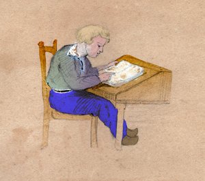 Schuljunge bei der Arbeit an seinem Schreibtisch. circa 1830 (Illustration)