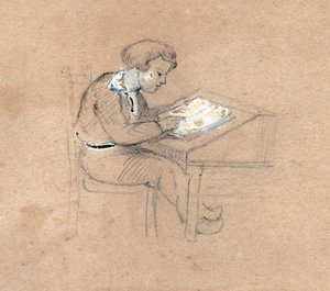 Schuljunge bei der Arbeit an seinem Schreibtisch (Illustration)